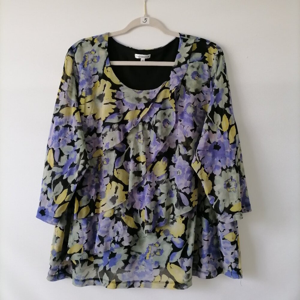 Croft & Barrow Womens Purple Yellow 3/4 Sleeve Round Neck Floral Blouse Size 3X